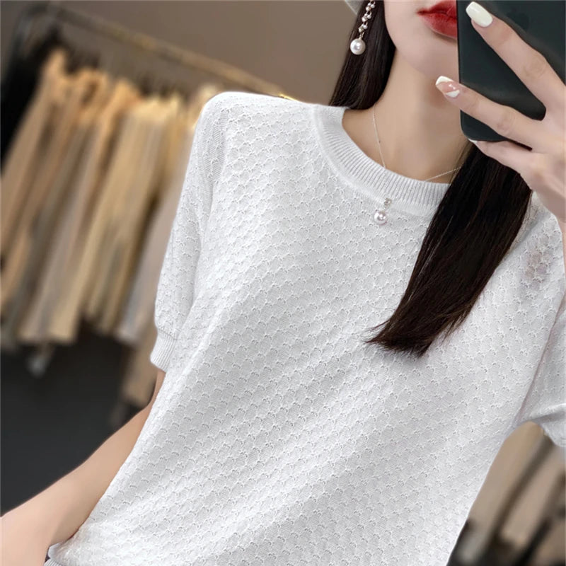 🍒Vroue se tekstuur-T-hemp somer katoen tops kortmou effekleur tee ronde hals los bloes gemaklike kledingstuk