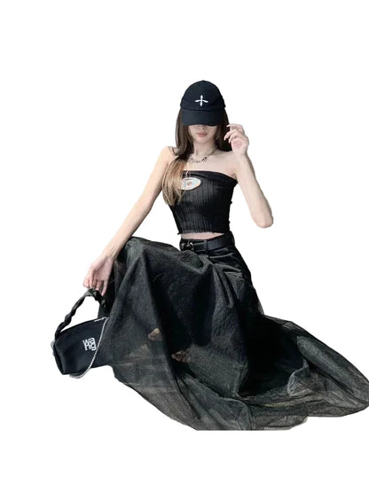 🍒Womens black skirt long smart casual wear vintage a-line skirt Y2k fashion streetwear party occashion clothes Wear Mixed Media A-ffair