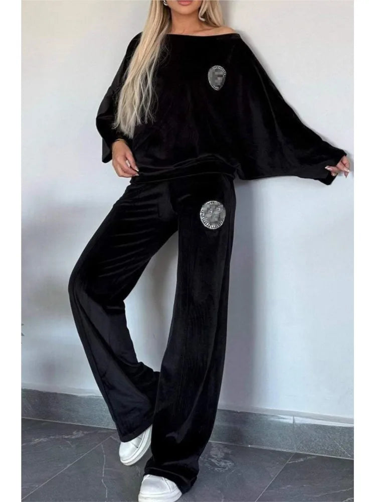 🍒Velvet two piece set solid round neck fashion of shoulder batwing top plus flared trouser casual two-piece outfits for women vibe in velvet