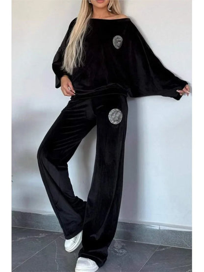 🍒Velvet two piece set solid round neck fashion of shoulder batwing top plus flared trouser casual two-piece outfits for women vibe in velvet