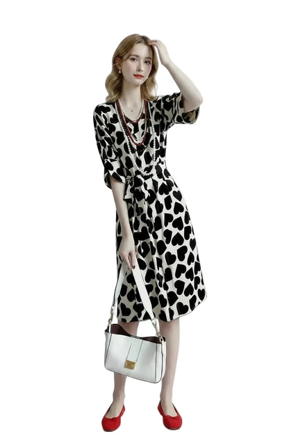 🍒Elegant love heart printied belt dresses summer short puff sleeve outfit v-neck midi dress black and white fashion wear women's clothing with three quarter sleeves You Will LOVE This HEART