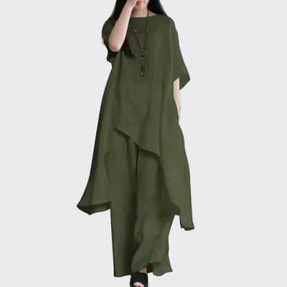 🍒Two-piece set for women shirts and pants outfit holiday cotton linen style wide leg trousers and asymetric top short sleeve blouse suit summer clothing  Layback Loose Linen-y Lovely