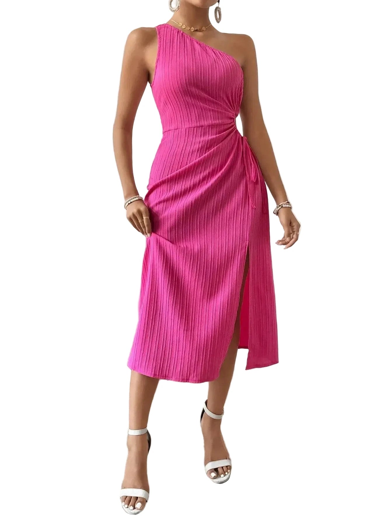 🍒One shoulder sleeveless midi dress summer smart casual women's holiday fashion solid colour a-line outfits for party occasion clothing Do knot Waist Time Getting This
