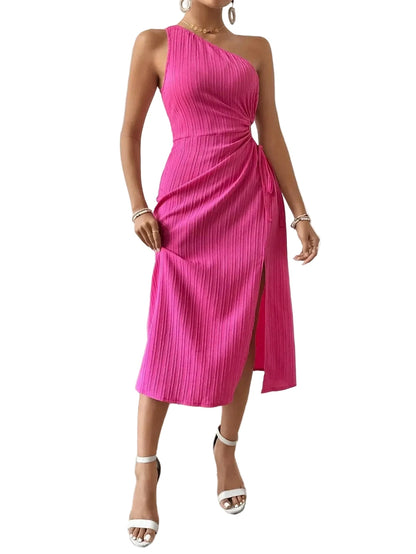 🍒One shoulder sleeveless midi dress summer smart casual women's holiday fashion solid colour a-line outfits for party occasion clothing Do knot Waist Time Getting This