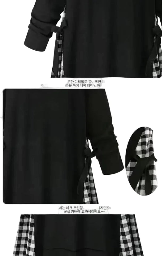 🍒Long sleeve round neck dress plaid a-line outfit midi plus size smart casual women black and white clothes  Put On Plaid-attitude
