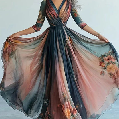 🍒Print swing dress pleated v-neck outfits high waist maxi dress long-sleeved boho fashionv vacation dress long sleeve Get A Girly Swirl