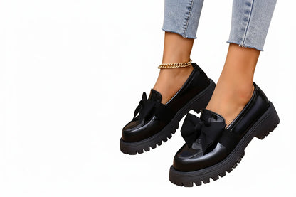 🍒Bow shoes for women's smart casual platform loafers fashion wine red patent leather footwear comfort slip on flat pumps plus size available Bob Along Bows