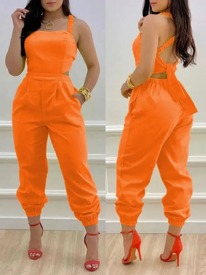 🍒Summer printed jumpsuit backless with straps fashion sleeveless one piece casual wear womens romper outfit with bows pocket trousers Overall Colourful Cool