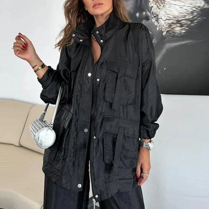 🍒Elegant casual single breasted utility coat jacket and matching pants suit women's retro loose large pocket solid colour two piece set Pocket These Pants And Jacket The Saving
