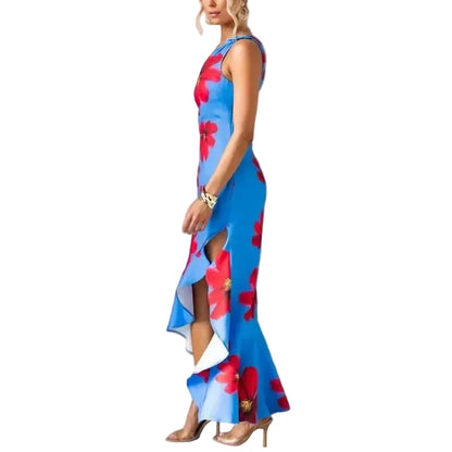 🍒One shoulder sleeveless dress summer fashion for women Irregular bohemian vacation outfits floral print fashion with ruffle hem outfits long   No Puff, Get Out Ruffs