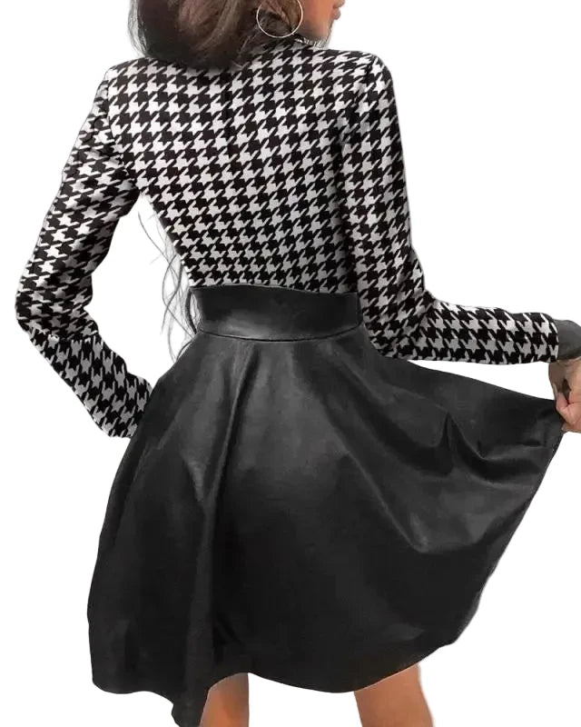 🍒Pu leerrok vir vroue kant gaas mou gemengde media mode partytjie rok mini elegante opstaande nek kraag a-lyn uitrusting Mooi Plaid Pu