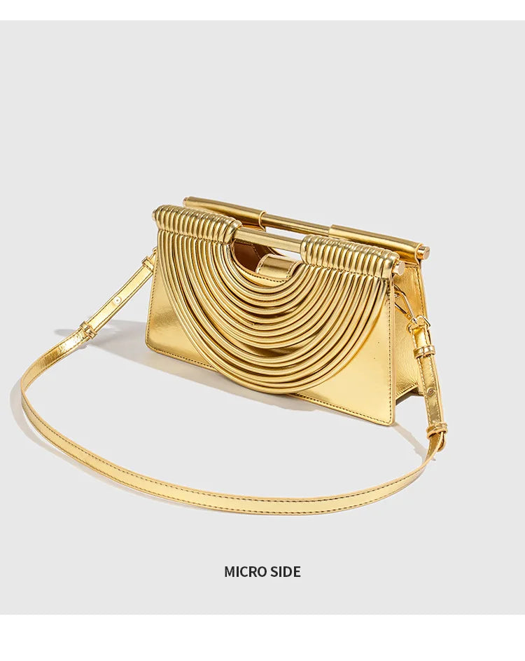 🍒Handwoven style Women's gold crossbody bag clutch handle occasion handbags smart casual strands pu material soft Texture triangle shape shoulder bag Strands Of Style
