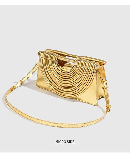 🍒Handwoven style Women's gold crossbody bag clutch handle occasion handbags smart casual strands pu material soft Texture triangle shape shoulder bag Strands Of Style