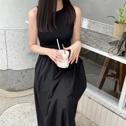 🍒Lang rokke hoë middellyf somer ronde hals maxi rok moulose vrouemode eenvoudige styl elegante lang swart uitrusting slim gemaklike drag