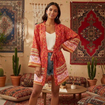 🍒Beach coverups wild floral print short light kimono jacket batwing duster bohemian ladies v-neck rayon short bikini swimwear cover over vacation wear holiday clothing casual wear  Colourful Comfort