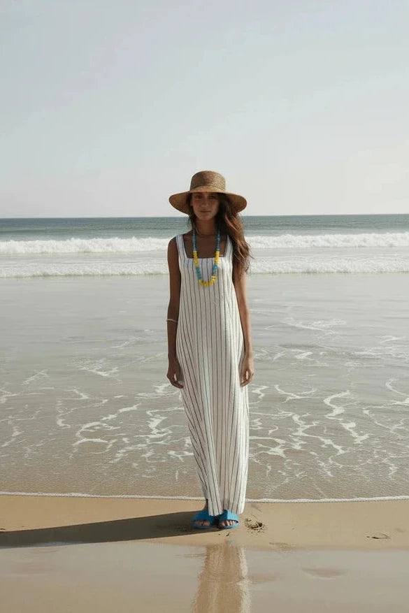 🍒Informele vierkantige maxi-rokstyl lang gestreepte uitrusting met smalbandjies, vierkantige nek, stranddrag, elegante los somersrok