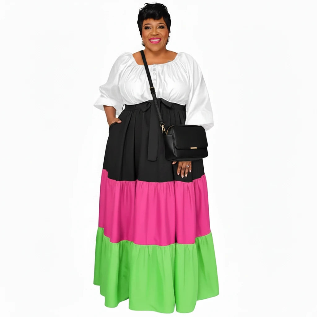 🍒Plus size womens dress colourful clothing puff sleeve maxi outfit long stleeve slash neck patchwork female casual wear Casual long dress Get Into Colour L-5XL