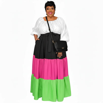 🍒Plus size womens dress colourful clothing puff sleeve maxi outfit long stleeve slash neck patchwork female casual wear Casual long dress Get Into Colour L-5XL
