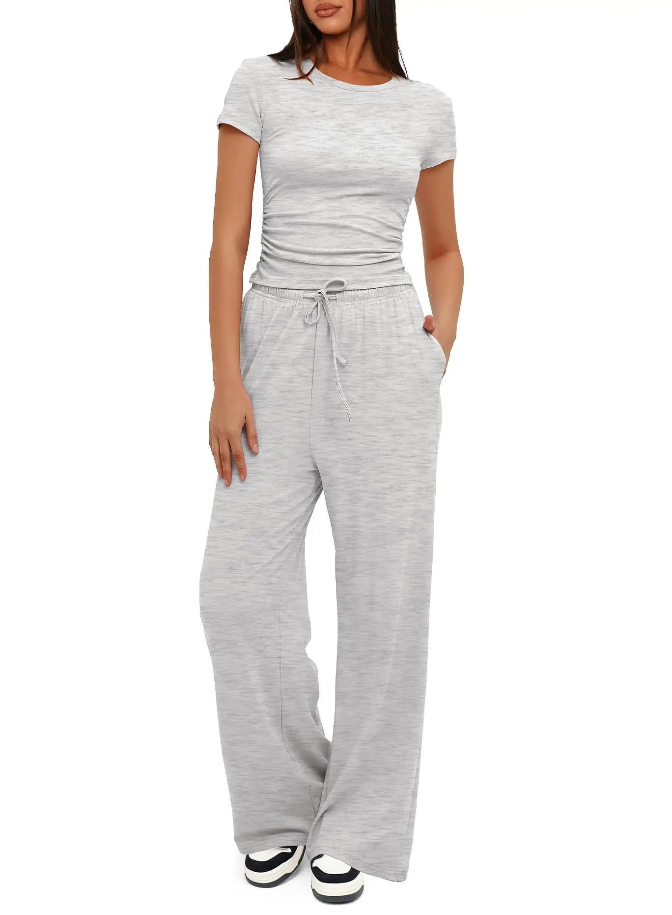 🍒Womens two-piece outfit set fashion pleated short sleeved top casual wear clothing  and matching comfort long high waisted wide leg pants sportswear Sport your style in Slimline