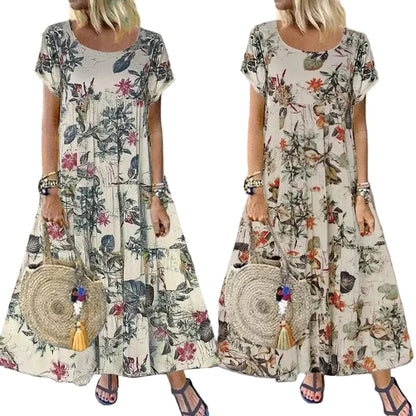🍒Women's round neck short sleeve dress loose waist linen A-Linen out fit maxi length casual summer wear floral fashion Flattering Floral