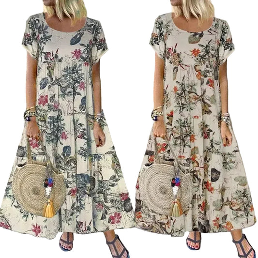 🍒Women's round neck short sleeve dress loose waist linen A-Linen out fit maxi length casual summer wear floral fashion Flattering Floral