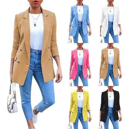 🍒Solid casual office suit jacket womens fashion wear vintage long sleeves coat spring/summer autumn lady Jackets blazers Jacket Lapel outerwears Work It With A Blue Collar Worker