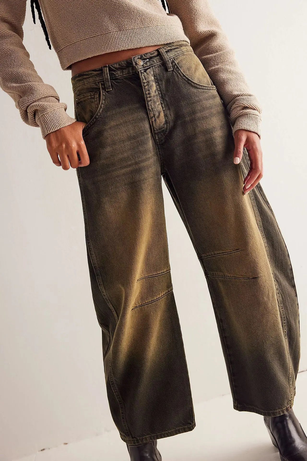 🍒Los middellyf Jeans gebleikte denimstyl vol lengte broeke mode soliede kleur broeke met sakke gemaklike drag vir vroue Barrels Of Style