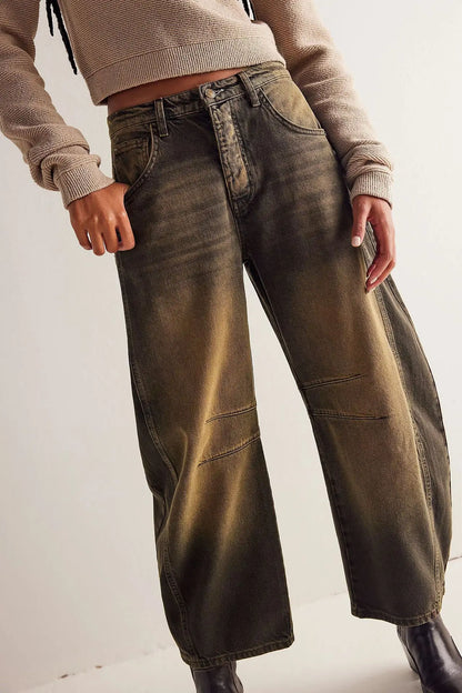 🍒Los middellyf Jeans gebleikte denimstyl vol lengte broeke mode soliede kleur broeke met sakke gemaklike drag vir vroue Barrels Of Style