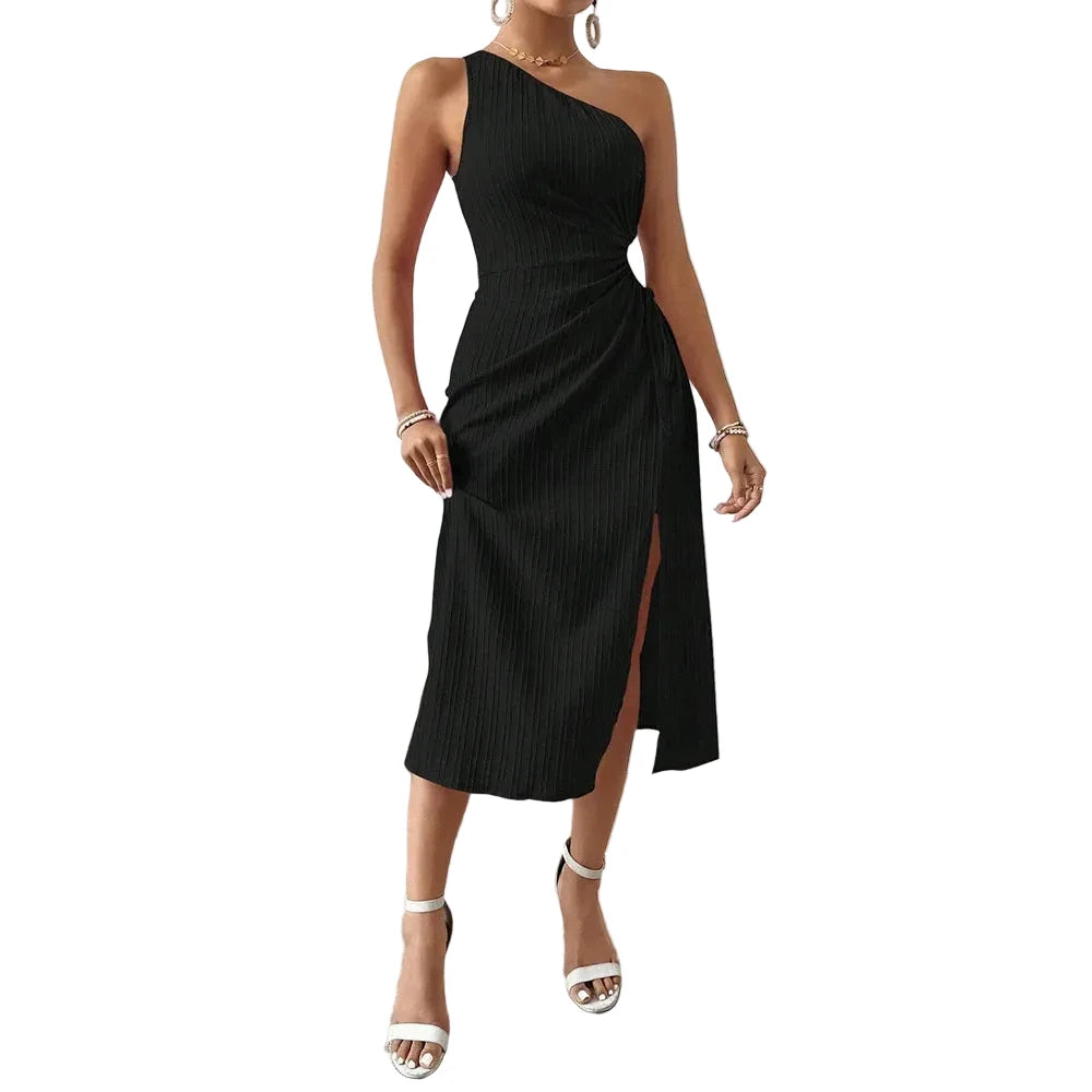 🍒One shoulder sleeveless midi dress summer smart casual women's holiday fashion solid colour a-line outfits for party occasion clothing Do knot Waist Time Getting This