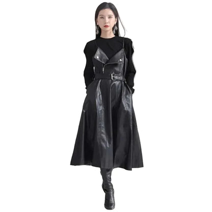 🍒Black faux leather dress spaghetti strap pu outfit with zip front sleeveless belted midi a-line dress party occasion wear sleeveless wear for women Like A Biker