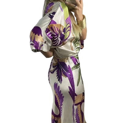 🍒Party two piece printed shirt and skirt set v-neck three quarter sleeve shirts for women high waist skirts for women two piece evening outfits female occasion clothing