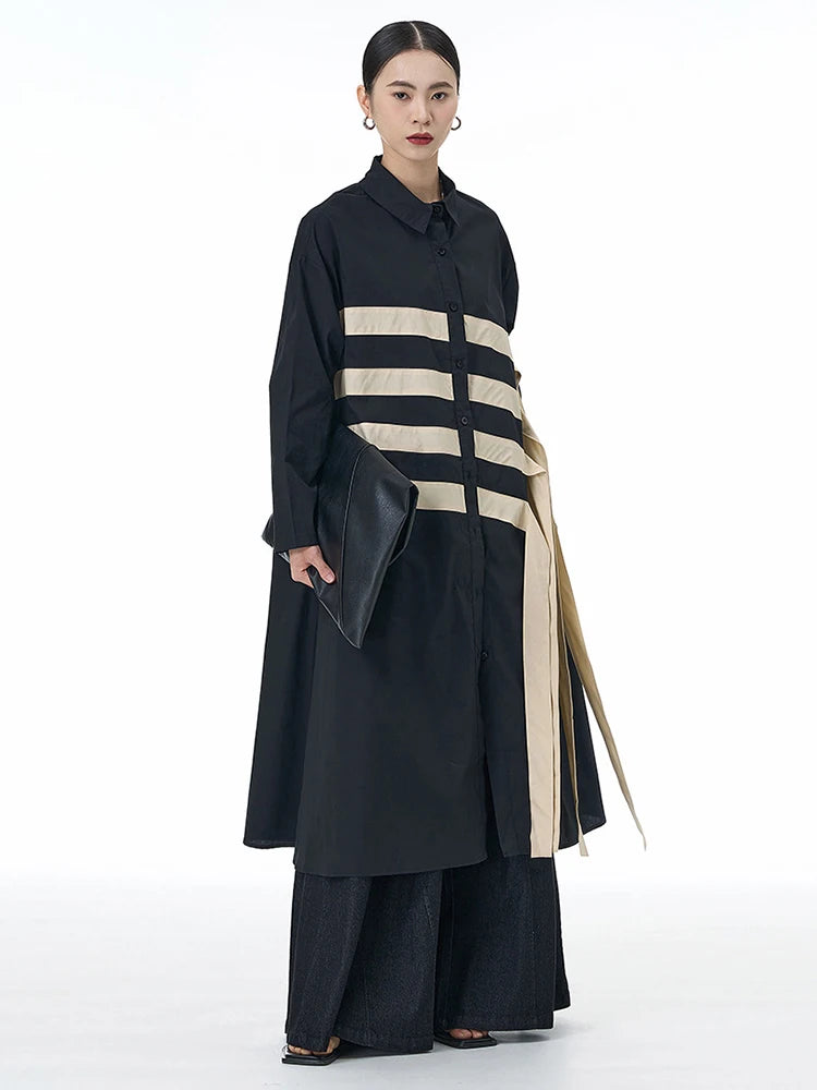 🍒black striped shirt dress women ribbon colour-block big size coat dress a-line with long sleeve and turn down collar fashion smart casual outwear Get A ZEBRA aCROSS a shirt dress cool thING