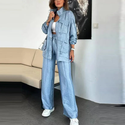 🍒Elegant casual single breasted utility coat jacket and matching pants suit women's retro loose large pocket solid colour two piece set Pocket These Pants And Jacket The Saving