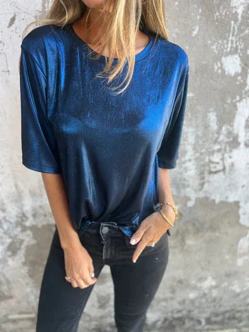 🍒Metaalagtige los top blink kortmou T-hemp dames spesiale geleentheid tops goud T-hemp o-nek mode slim gemaklike damesklere Top 'Talic Tee