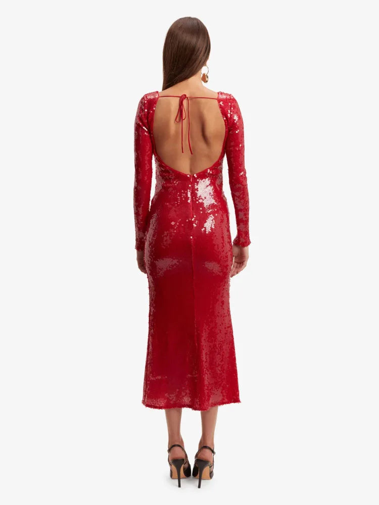 🍒Women's red sequins dress cut out front tie string backless fashion long sleeve evening outfits midaxi shiny party cocktail gowns Catch A Taxi In Ya' Maxi