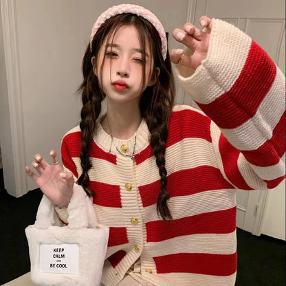 🍒 条纹女式开衫 Y2K美学甜美针织外套复古长袖毛衣 春秋款宽松休闲短款上衣 樱桃奶油条纹悦目