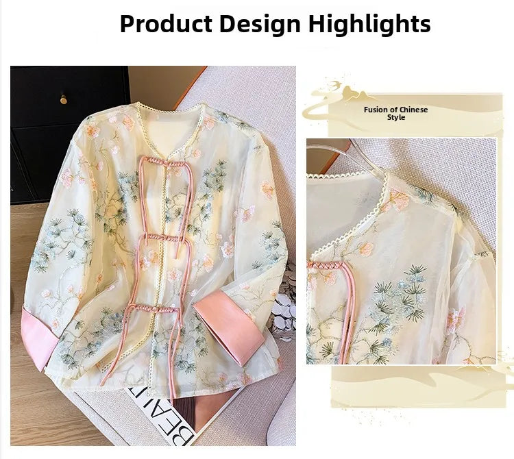 🍒Shirt jacket for women Light outer for women chinese style jacket chiffon embroidery Jacquard tie light cover up sunscreen cardigan Summer beach coverup for occasion and casual coverup See Through The Day