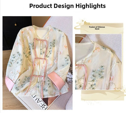 🍒Shirt jacket for women Light outer for women chinese style jacket chiffon embroidery Jacquard tie light cover up sunscreen cardigan Summer beach coverup for occasion and casual coverup See Through The Day
