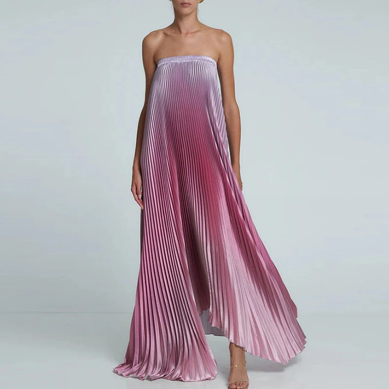 🍒Bandeau maxi evening dress sleeveless design outfit shoulderless gradient long pleated women's irregular fashion occassion partywear