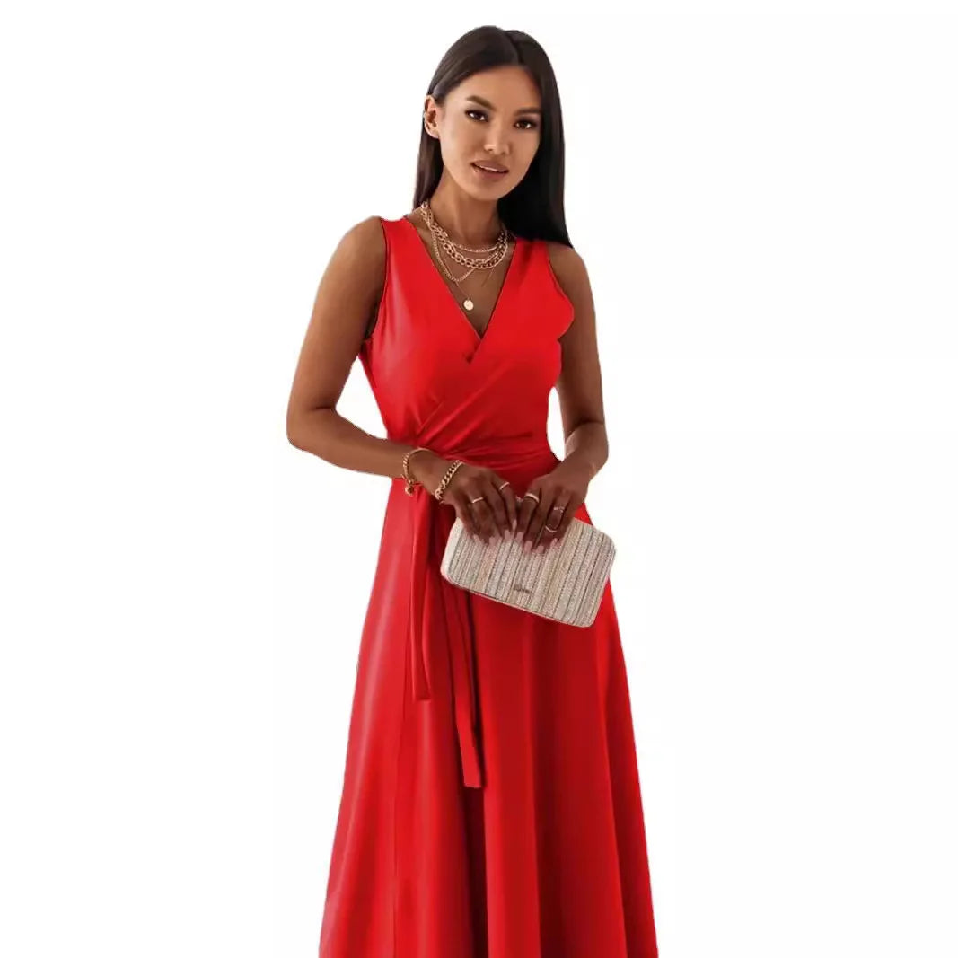 🍒Elegant party dresses for women v-neck sleeveless belt evening wear solid colour occasion wear outfit party wear maxi fashion Feminine Female Fashion Flair