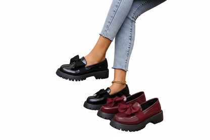🍒Bow shoes for women's smart casual platform loafers fashion wine red patent leather footwear comfort slip on flat pumps plus size available Bob Along Bows