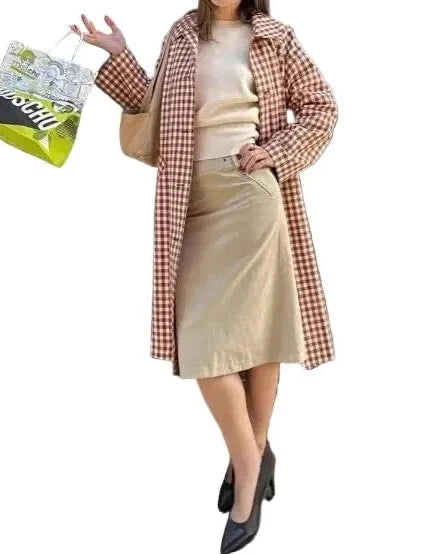 🍒Dames geruite lang jas, langmou, modieuse sjiek revers, enkelborsbaadjie, los pasvorm met sakke, alledaagse pendelstraatklere, buiteklere