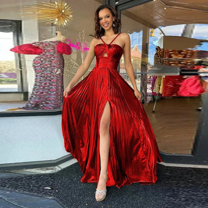 🍒Metallic pleated hollow slit women slip gown backless waist Slim elegant evening dress party wear vintage Liquid Lustre Look
