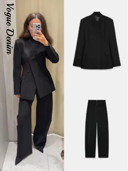 🍒Casual black blazer and pants set long sleeve jacket with fitted waist and long kick flare solid straight pant set women spring autumn suits  ‘Well fit