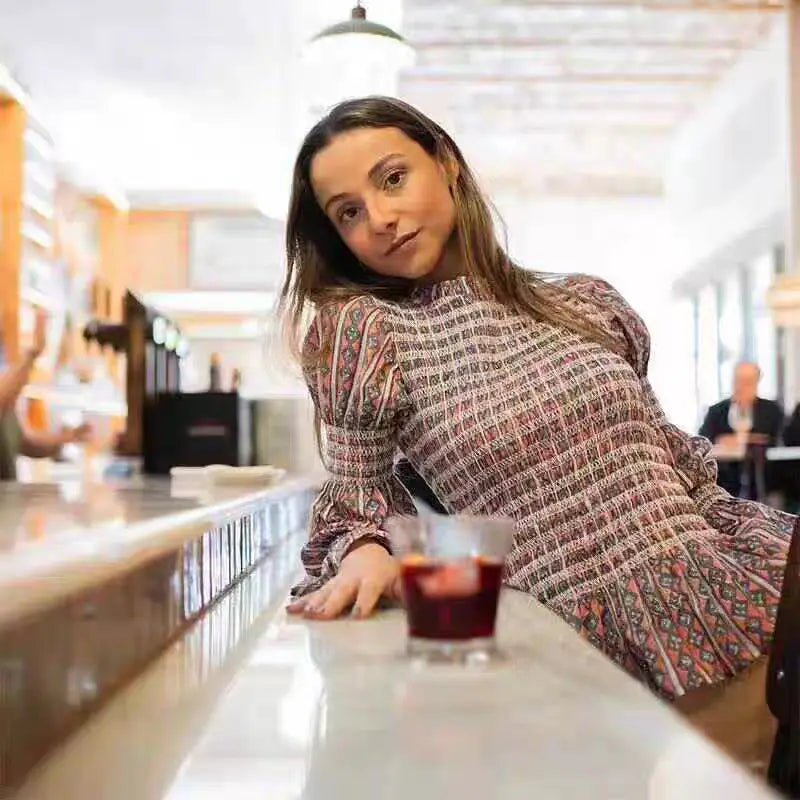 🍒Vintage plaid tops elastic pleated shirt women casual clothes o-neck long sleeves ruffle hem top chic fashion high streetwear smart casual clothing