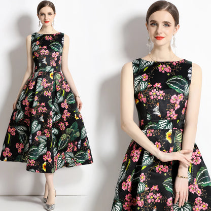 🍒Designer fashion dress floral print clothing vintage a line party wear outfit for women birthday dinner retro runway occasion wear  make ARRANGEMENTs for these FLOWERs