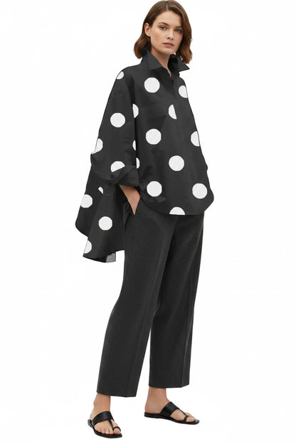 🍒Long sleeve polka dot shirt cotton Button Up high low blouse designer style clothing holiday wear chic fashion wear for women black and white fashion Delightful Dots