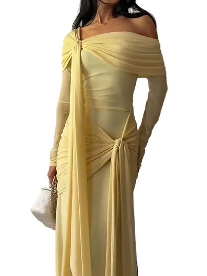 🍒Solid pleated off shoulder maxi dress elegant summer clothes women long sleeve party dress chic occasion wear Get Sun Drenched