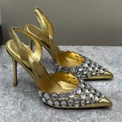 🍒Crystal slingback sandals pointed toe stilettos heels ankle strap occasion shoes footwear evening pumps for women modern party shoes On Point Fashion