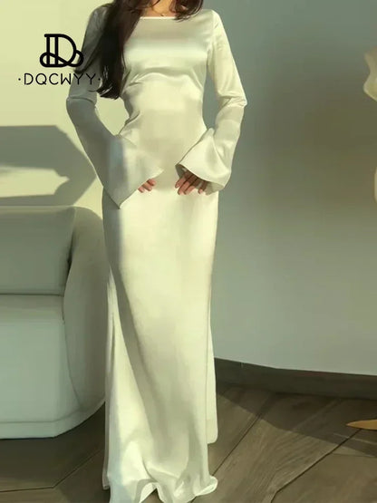 🍒Womens long dresses simple design fashion round neck satin outfit flare sleeve outfit lomg sleeve lace up slim evening party wear bodycon Slinky Simple Style